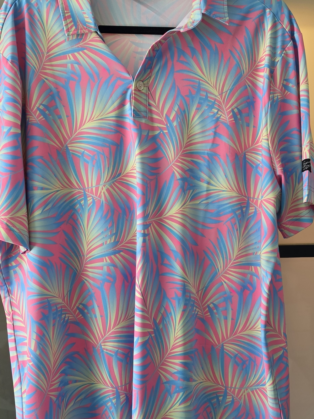 Sunday Swagger- Tropical Palm Print Golf Polo - Pink, Blue & Mint